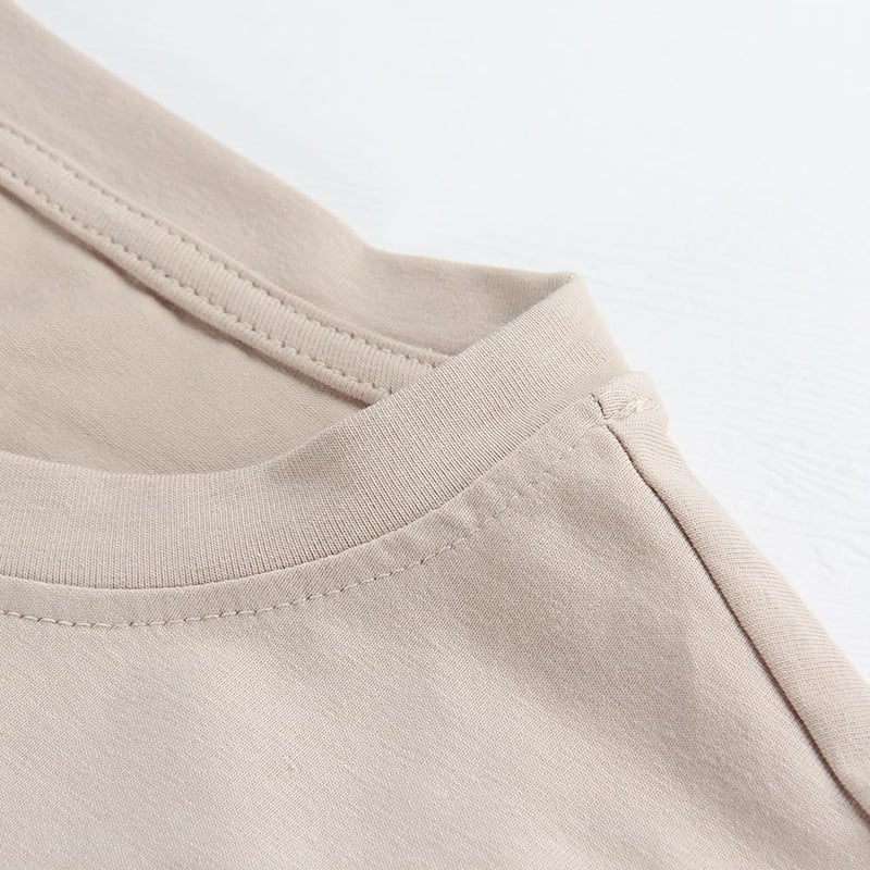 PRIMODA Women's Oversized Workout Cropped T Shirts Crew Neck Short Sleeve Casual Loose Summer Crop Tee Tops Cotton(Beige L) - Image 4