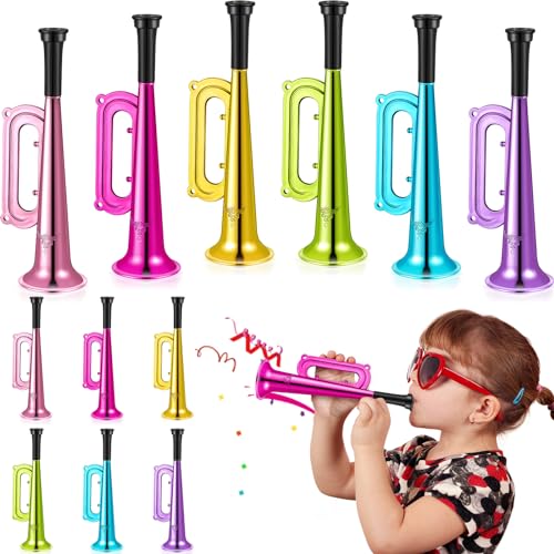 Poen 12 Pcs Toy Trumpet Kids Mini Metallic Trumpet Parties Musical Blow Horn Instruments Plastic Noise Makers for Kids Events Party Favors Music Class Stage Props 7 Inch Easter DayColorful - Image 1