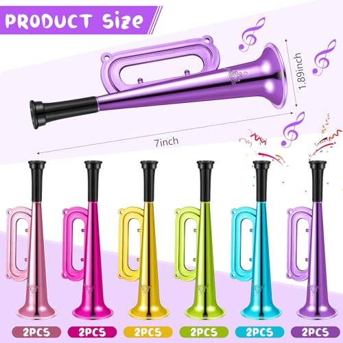 Poen 12 Pcs Toy Trumpet Kids Mini Metallic Trumpet Parties Musical Blow Horn Instruments Plastic Noise Makers for Kids Events Party Favors Music Class Stage Props 7 Inch Easter DayColorful - Image 5