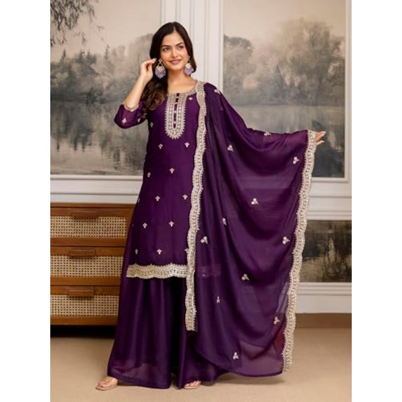 TRENDMALLS Women's Georgette Embroidery Sequence Work Kurta Palazzo Set with Dupatta Salwar Suit Set For Women - Image 3