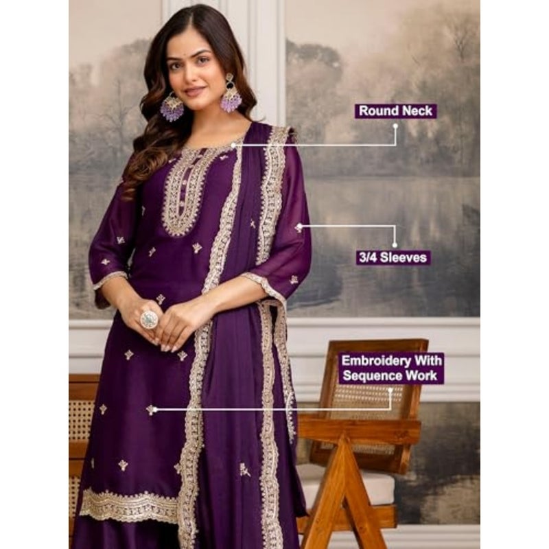 TRENDMALLS Women's Georgette Embroidery Sequence Work Kurta Palazzo Set with Dupatta Salwar Suit Set For Women - Image 4