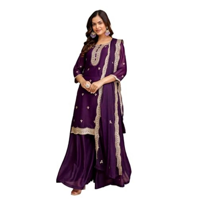 TRENDMALLS Women's Georgette Embroidery Sequence Work Kurta Palazzo Set with Dupatta Salwar Suit Set For Women - Image 1