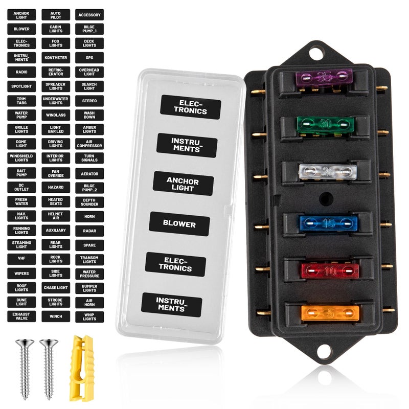 RED WOLF 6 Way Fuse Block Blade Fuse Box with Standard Circuit Fuses for Boat Marine Vehicle Auto RV Car Trailer Truck SUV Power Distribution Panel Waterproof Cover DC 1032V
