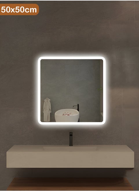 Square Bathroom Mirror with LED Side Lights Touch Control, Wall Mounted Mirror with 3 Colors Adjustable Light for Bathroom, Bedroom, Vanity - 50x50cm