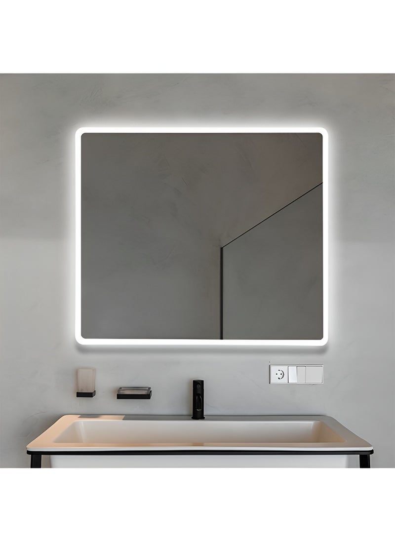 Square Bathroom Mirror with LED Side Lights Touch Control, Wall Mounted Mirror with 3 Colors Adjustable Light for Bathroom, Bedroom, Vanity - 50x50cm