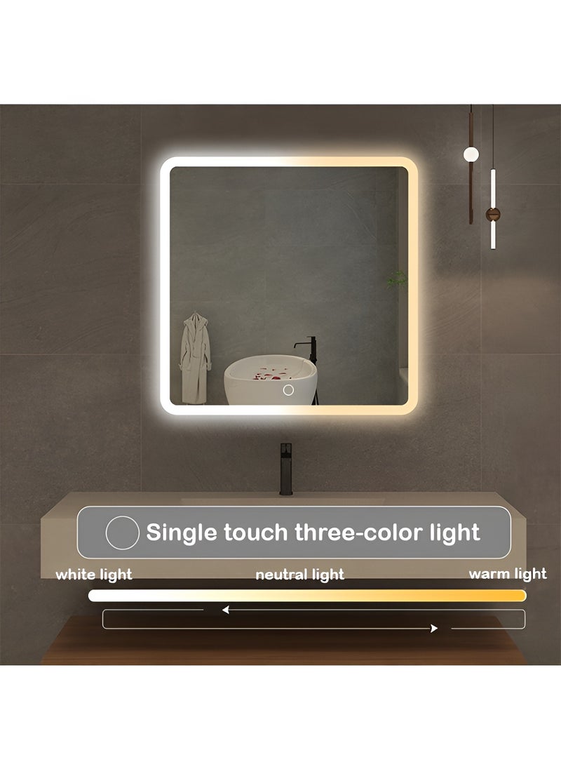 Square Bathroom Mirror with LED Side Lights Touch Control, Wall Mounted Mirror with 3 Colors Adjustable Light for Bathroom, Bedroom, Vanity - 50x50cm