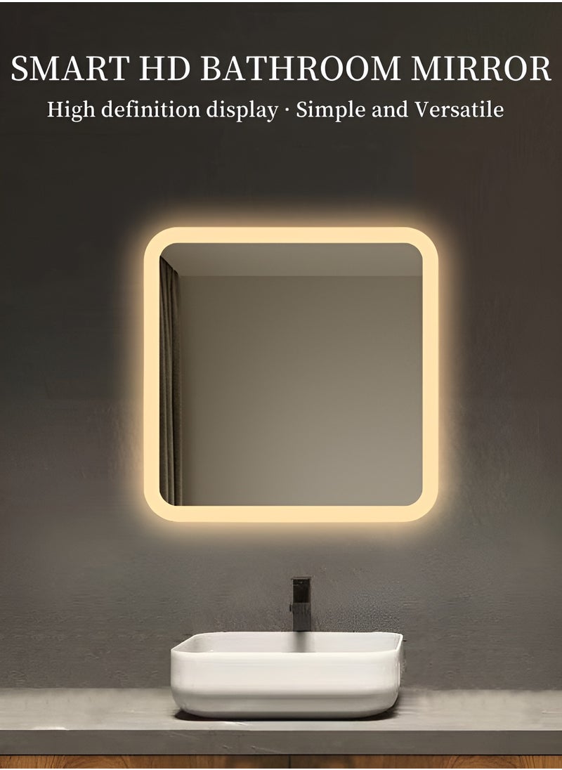 Square Bathroom Mirror with LED Side Lights Touch Control, Wall Mounted Mirror with 3 Colors Adjustable Light for Bathroom, Bedroom, Vanity - 50x50cm