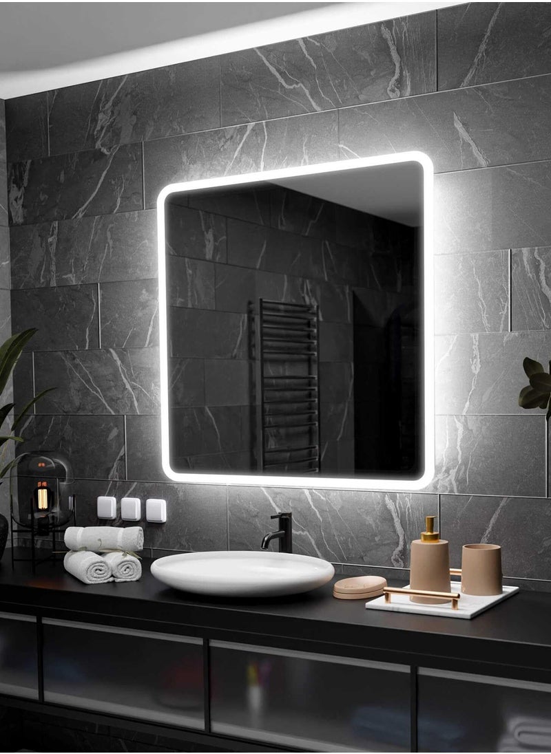 Square Bathroom Mirror with LED Side Lights Touch Control, Wall Mounted Mirror with 3 Colors Adjustable Light for Bathroom, Bedroom, Vanity - 50x50cm