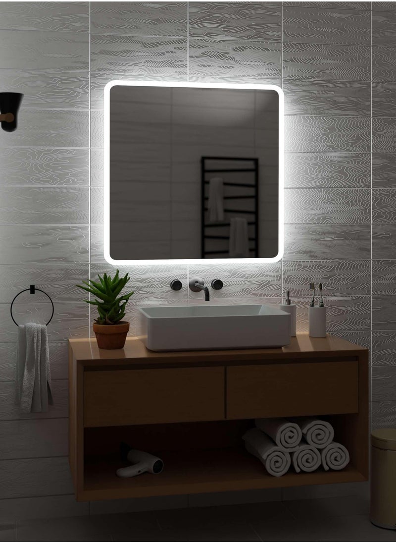 Square Bathroom Mirror with LED Side Lights Touch Control, Wall Mounted Mirror with 3 Colors Adjustable Light for Bathroom, Bedroom, Vanity - 50x50cm