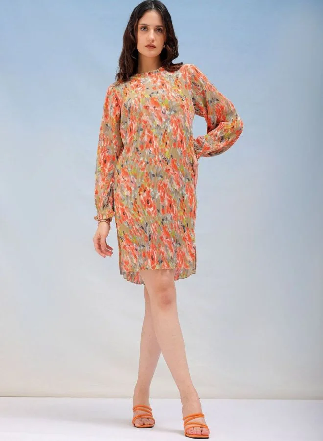 Freehand  Women Straight Fit Floral Printed Round Neck Long Sleeve Pleated Dress for Women | Best Price UAE