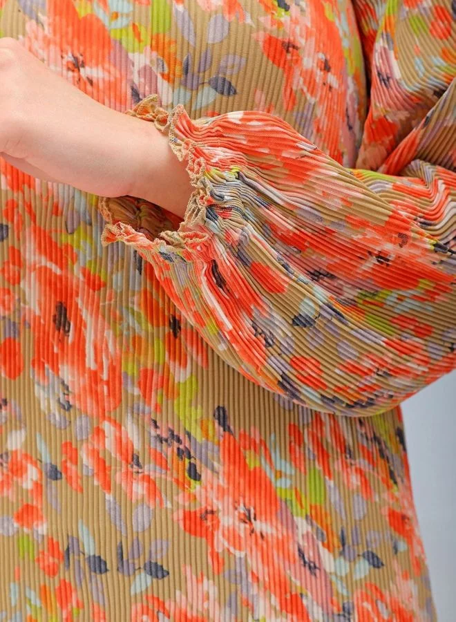 Freehand  Women Straight Fit Floral Printed Round Neck Long Sleeve Pleated Dress for Women | Best Price UAE