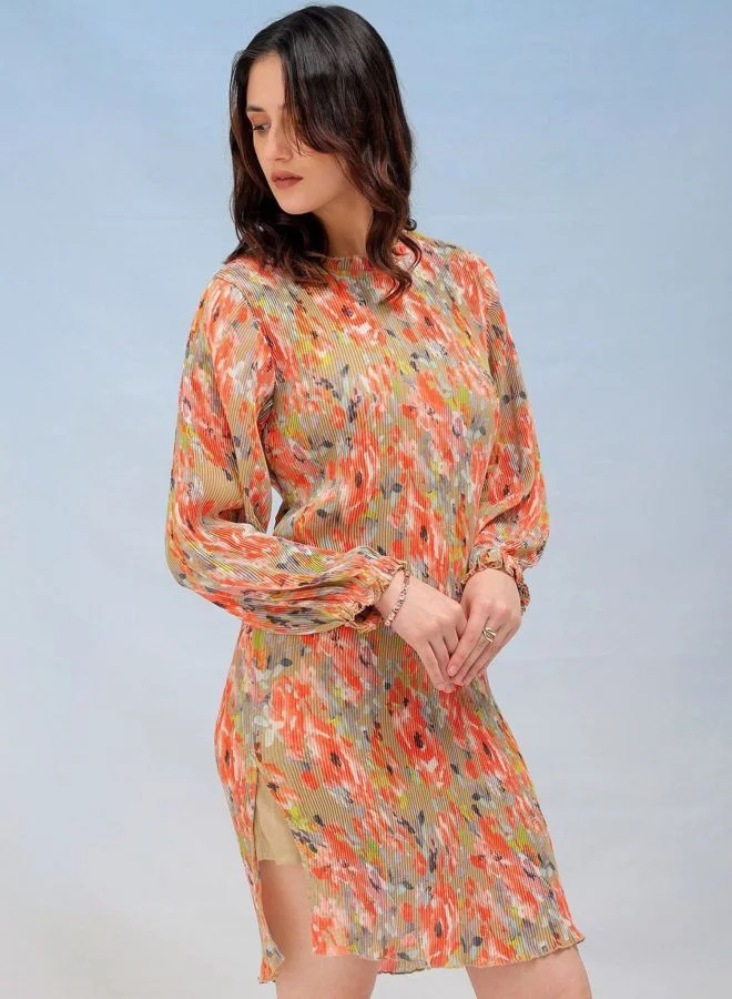 Freehand  Women Straight Fit Floral Printed Round Neck Long Sleeve Pleated Dress for Women | Best Price UAE