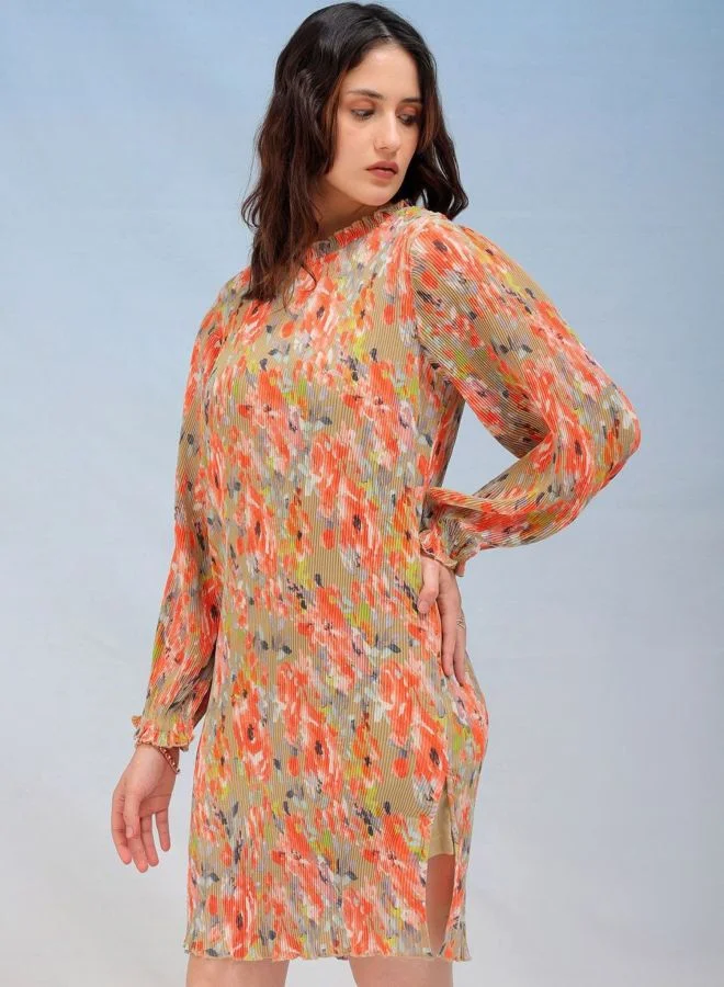 Freehand  Women Straight Fit Floral Printed Round Neck Long Sleeve Pleated Dress for Women | Best Price UAE
