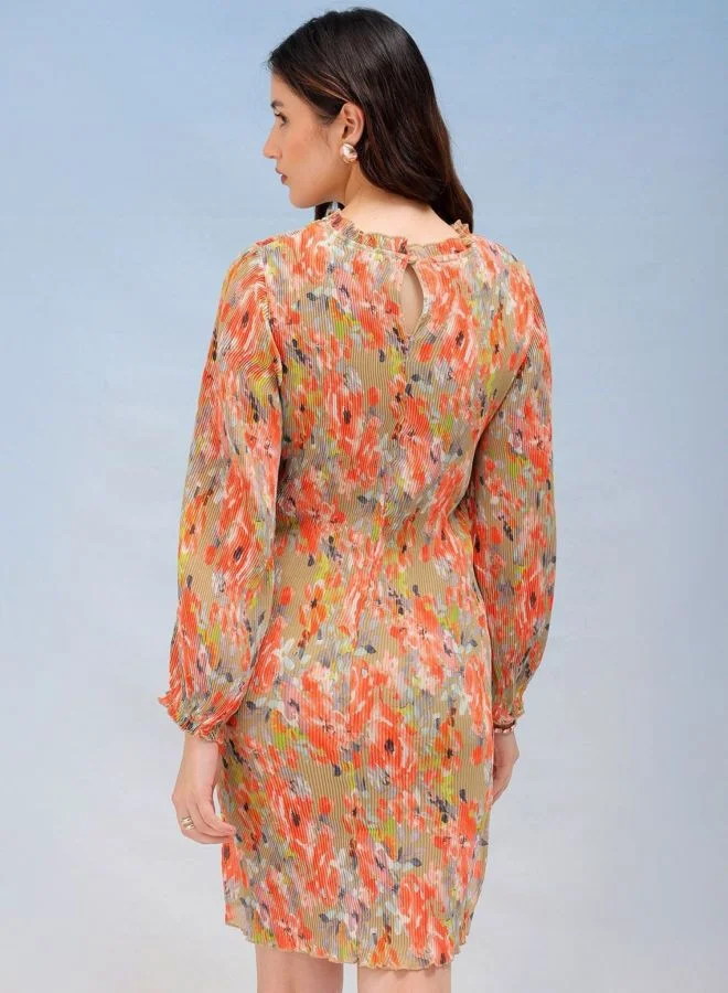 Freehand  Women Straight Fit Floral Printed Round Neck Long Sleeve Pleated Dress for Women | Best Price UAE