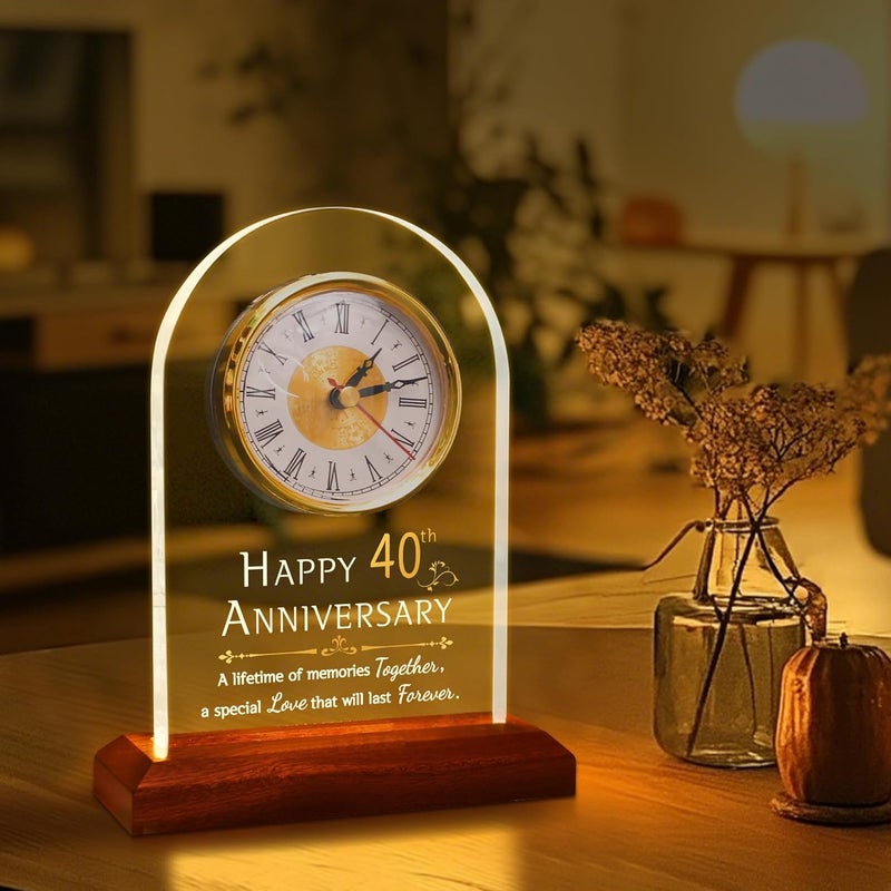 OkiyiD 40th Wedding, Light Up Anniversary Clock with LED Wooden Base for Couples Parents Bedroom Decor, Happy 40th for Husband Wife - Image 3