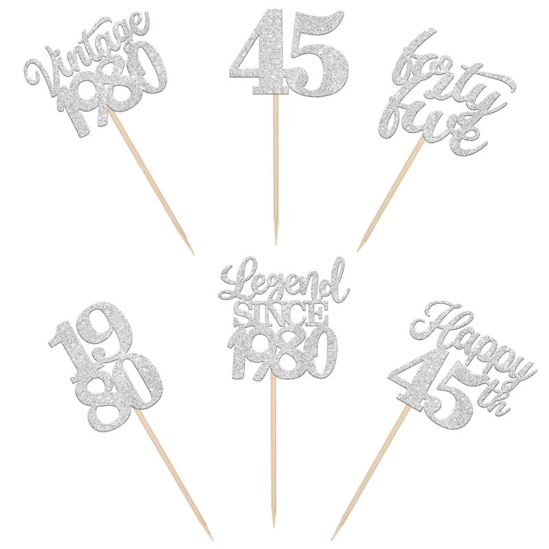 RSSTARXI 48 Pack Vintage 1980 Cupcake Toppers Legend Legend منذ عام 1980 هتافات إلى 45 Fabulous Forty Five Cupcake Decorations لعيد الميلاد الرابع والأربعين زفاف الزفاف ديكورات الكعكة Silve - Image 3