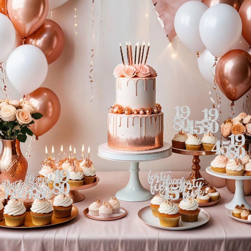 RSSTARXI 48 Pack Vintage 1980 Cupcake Toppers Legend Legend منذ عام 1980 هتافات إلى 45 Fabulous Forty Five Cupcake Decorations لعيد الميلاد الرابع والأربعين زفاف الزفاف ديكورات الكعكة Silve - Image 5