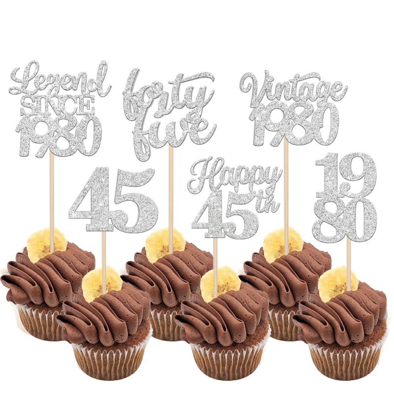 RSSTARXI 48 Pack Vintage 1980 Cupcake Toppers Legend Legend منذ عام 1980 هتافات إلى 45 Fabulous Forty Five Cupcake Decorations لعيد الميلاد الرابع والأربعين زفاف الزفاف ديكورات الكعكة Silve - Image 1