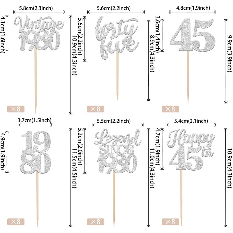 RSSTARXI 48 Pack Vintage 1980 Cupcake Toppers Legend Legend منذ عام 1980 هتافات إلى 45 Fabulous Forty Five Cupcake Decorations لعيد الميلاد الرابع والأربعين زفاف الزفاف ديكورات الكعكة Silve - Image 2