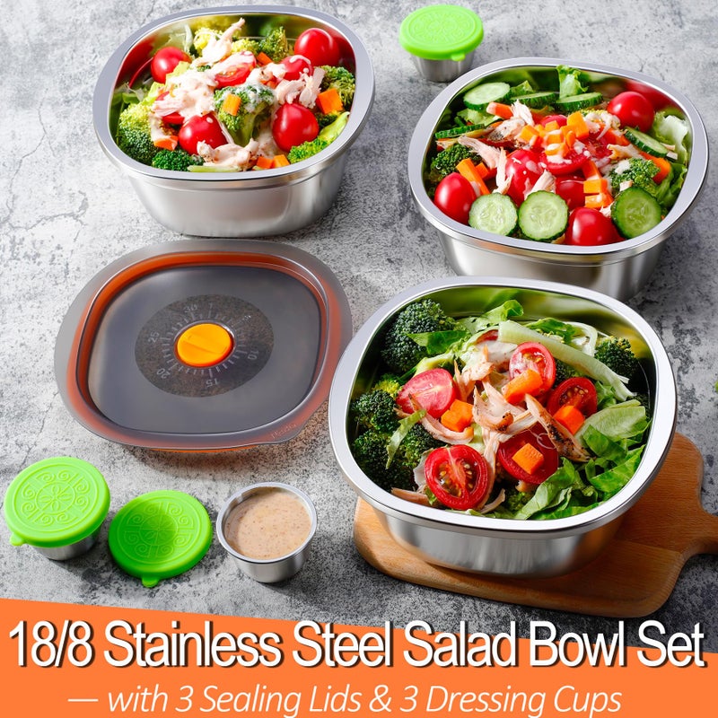 KTKUDY 3 Pack Stainless Steel Salad Bowls with Lids & Dressing Cups - 50 oz Leakproof Salad Containers for Meal Prep & Lunch To Go, Dishwasher Safe - Image 2