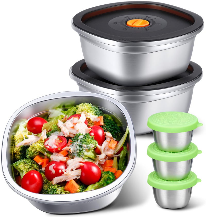 KTKUDY 3 Pack Stainless Steel Salad Bowls with Lids & Dressing Cups - 50 oz Leakproof Salad Containers for Meal Prep & Lunch To Go, Dishwasher Safe - Image 1