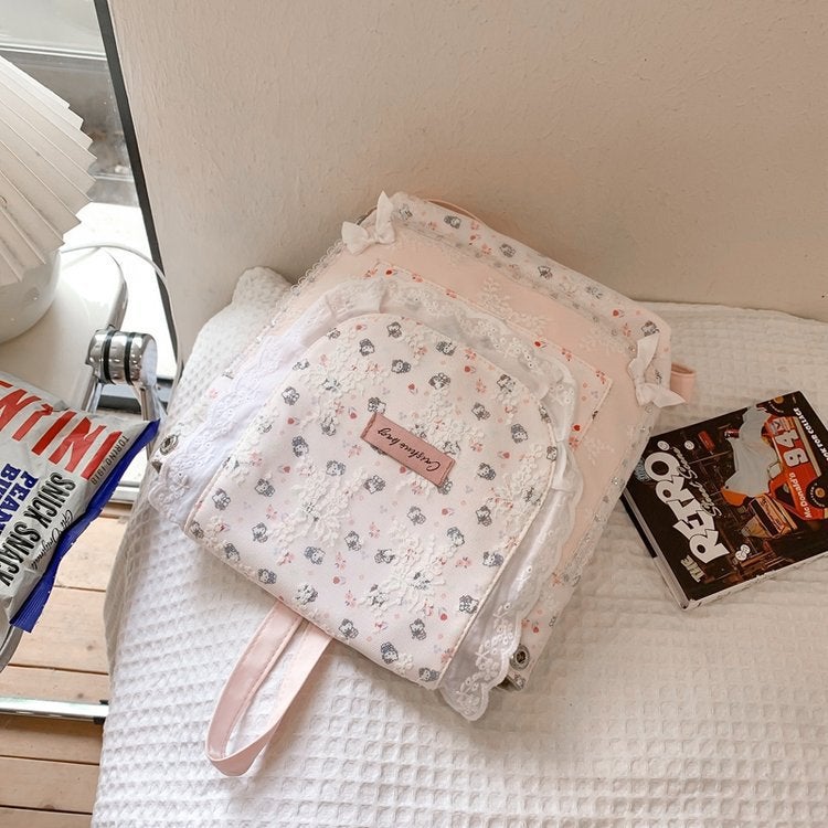 Cute Girl Backpack Womens Mori Style Small Flower Bag Cat Lace Casual Portable Casual Commuter Backpack cartoon powder 