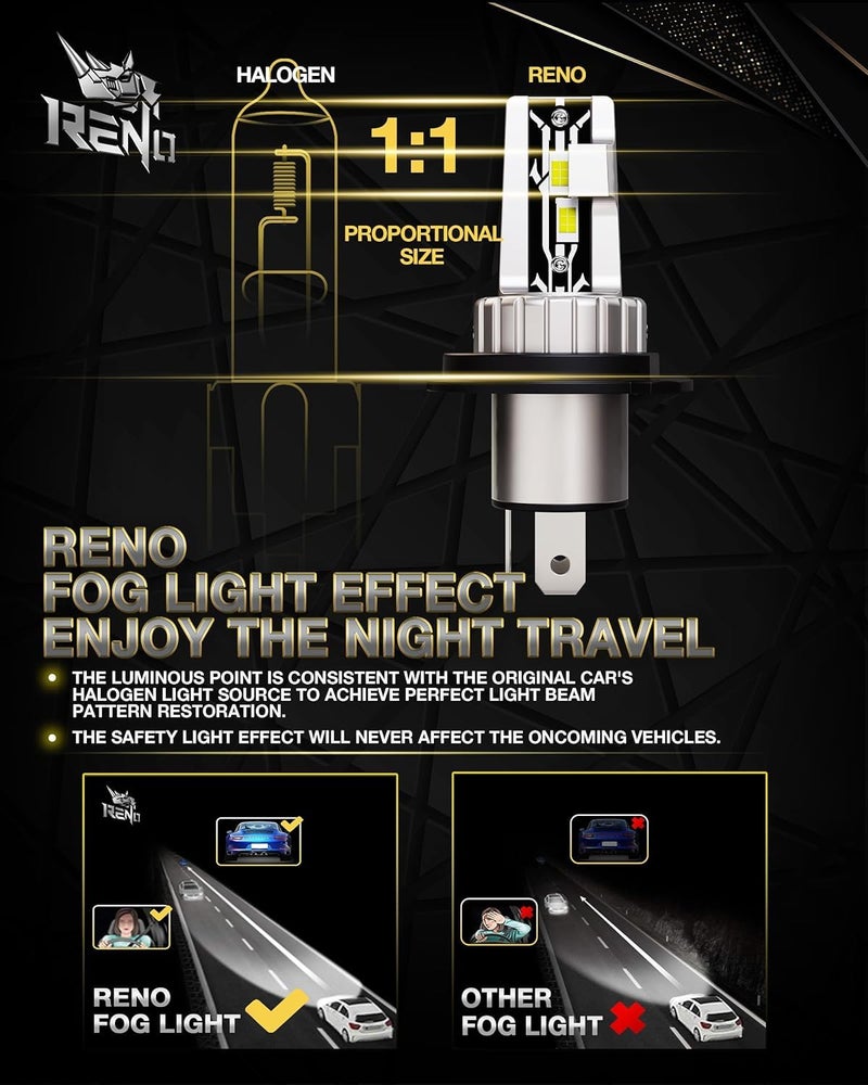 Reno مصابيح RENO H4، مصابيح ضباب 9003 H4 بدون مروحة، قابلة للتوصيل والتشغيل، حزمة من 2 للاستخدام في ضوء الضباب أو الطرق الوعرة - Image 3