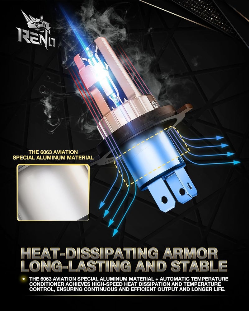 Reno مصابيح RENO H4، مصابيح ضباب 9003 H4 بدون مروحة، قابلة للتوصيل والتشغيل، حزمة من 2 للاستخدام في ضوء الضباب أو الطرق الوعرة - Image 4