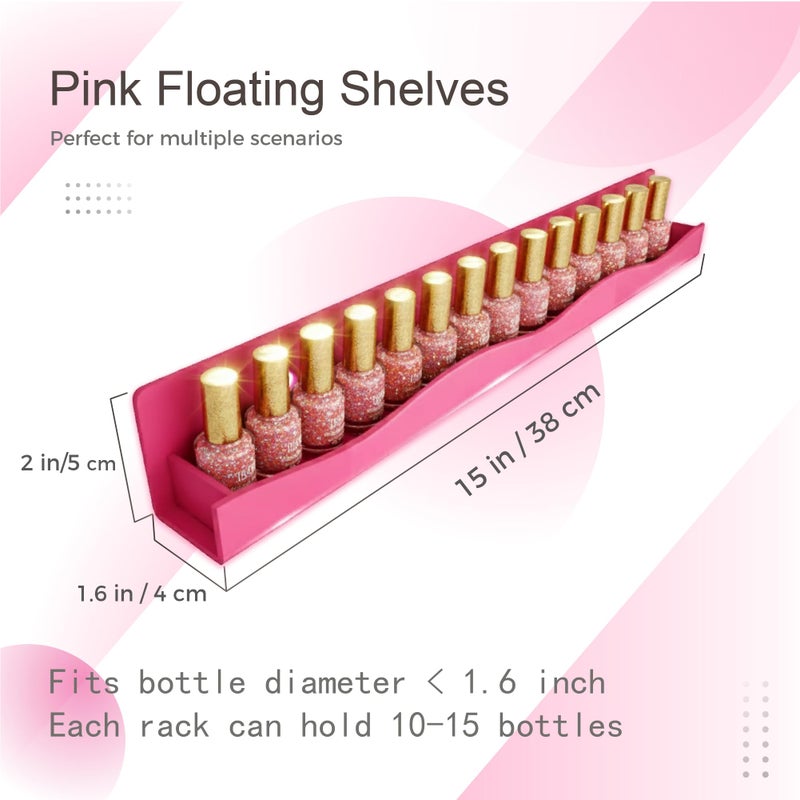 YMVV 6 Pack Nail Polish Wall Mounted Shelf,15 Inch Nail Polish Floating Shelves for 66-90 Bottles Multi-Purpose,Ideal Gift, Great Display for Salons Retailers,Dark Pink - Image 3