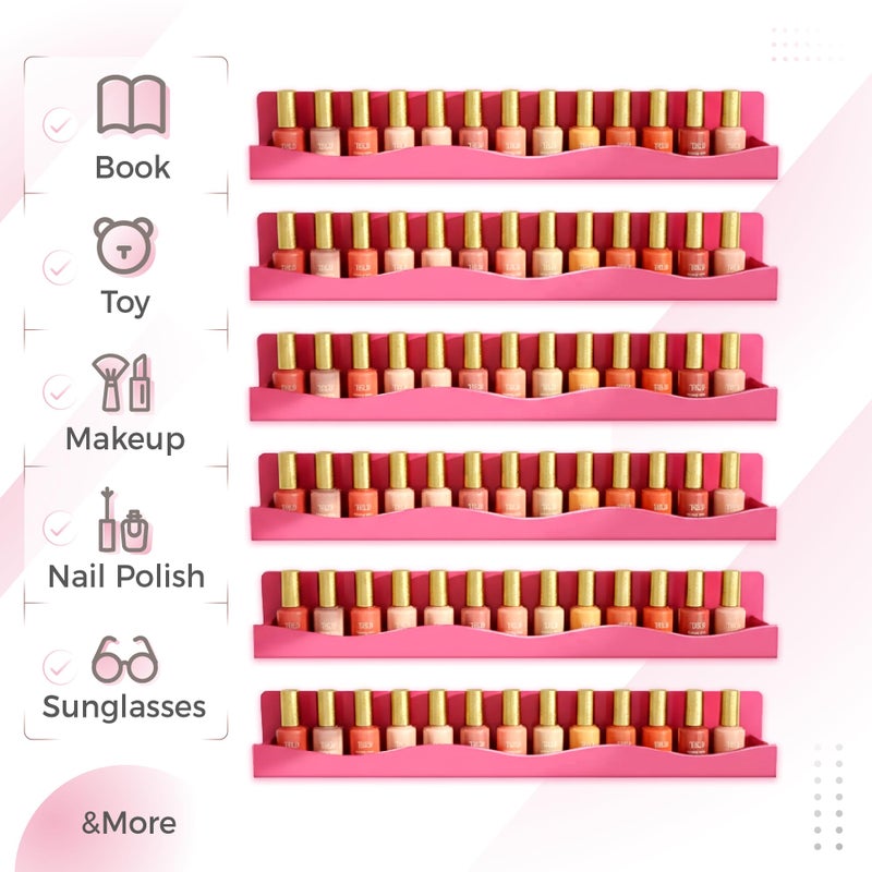 YMVV 6 Pack Nail Polish Wall Mounted Shelf,15 Inch Nail Polish Floating Shelves for 66-90 Bottles Multi-Purpose,Ideal Gift, Great Display for Salons Retailers,Dark Pink - Image 2