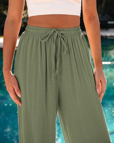GRAPENT Womens Clothing Trendy Womens Flowy Pants Wide Leg Palazzo Pants Linen High Waisted Spring Clothes for Women Pull On Palazzos for Women Color Army Green Large Size 12 Size 14 - Image 4