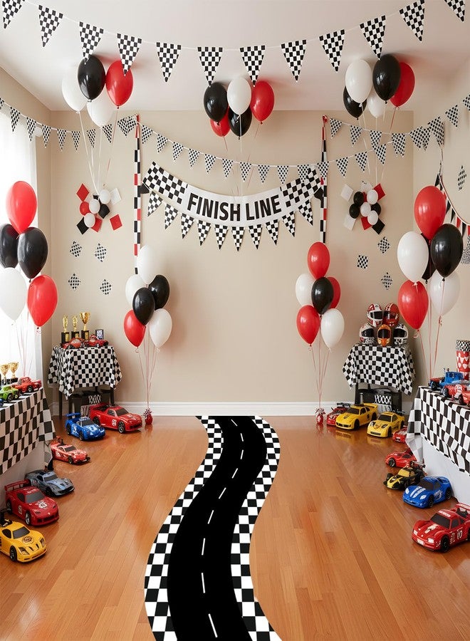 Tinideya Racing Car Party Decorations 3x9.8 Ft/Racetrack Floor Runner Polyester Race Cars Road Mat Floor Racing Running Mat Polyester Aisle Runner Carpet for Two Fast Birthday(Plaid) - Image 4