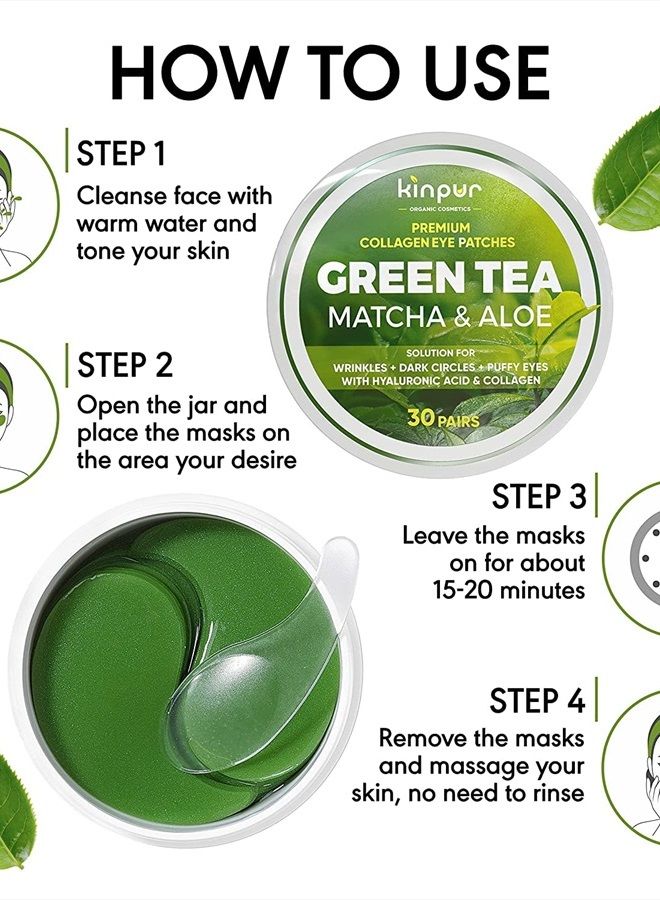 KINPUR ORGANIC COSMETICS Green Tea Under Eye Patches for Wrinkles and Eye Bags - Eye Masks for Dark Circles and Puffiness with Collagen, Hyaluronic Acid - Under Eye Mask for All Skin Types, 30 Pairs - Image 4