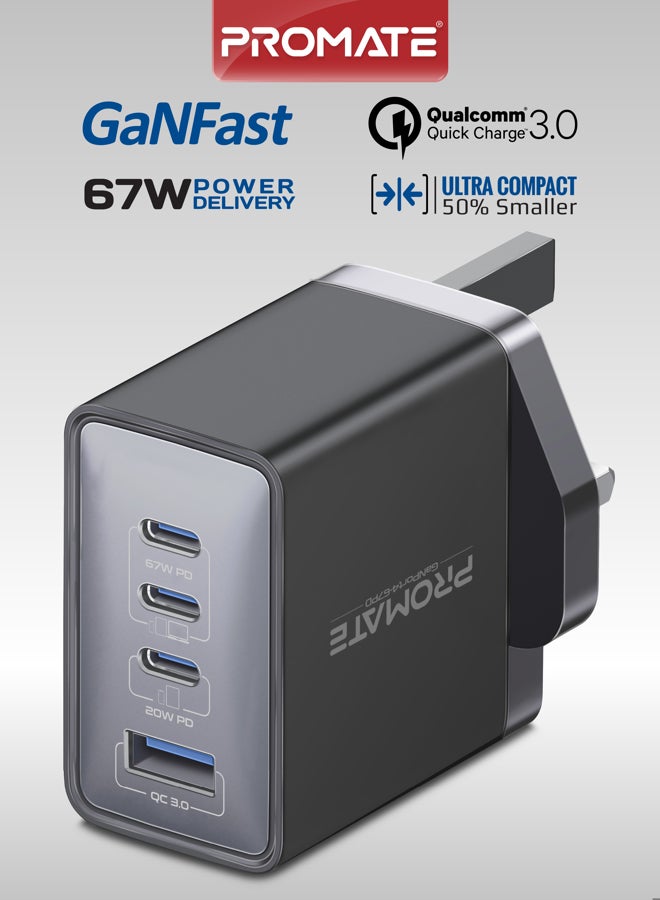 67W USB-C GaN Wall Charger, Ultra-Compact Dual USB-C Power Delivery for Macbooks, Laptops, iPhone 17 & S25 Ultra Charger with 22.5W Qualcomm QC 3.0 Port, 20W Type-C Black