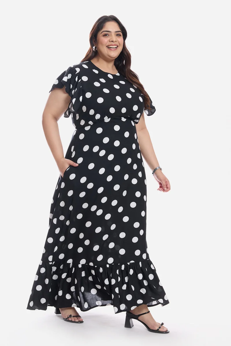 Virgio Polka Dots Viscose Frill Sleeve Midi Plus Size Dress for Women