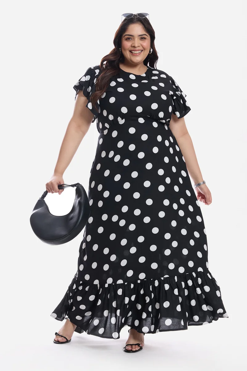 Virgio Polka Dots Viscose Frill Sleeve Midi Plus Size Dress for Women