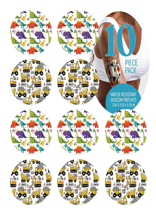 RockaDex Dexcom Adhesive Mix Dino & Construction Design Adhesive Patches with Split Backing, Easy to Apply x 10 Pack - Image 1