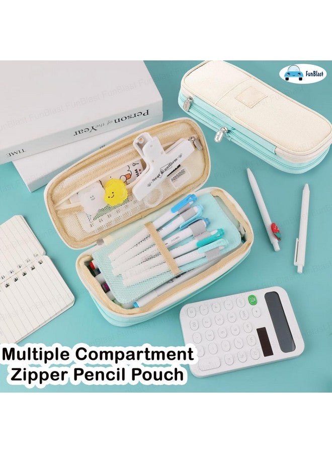 FunBlast Large Capacity Pencil Case, Multiple Compartment Double Zipper Portable Pencil Pouch, Aesthetic Pouch, Kawaii Pencil Case, Cute Pouches for Girls, Stationary Organizer Bag (Seagreen) - Image 2