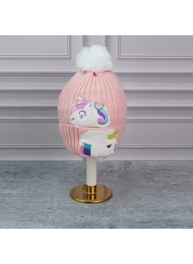 LITTLE SURPRISE BOX 2Pcs Peach Unicorn Themed Beanie Winter Cap With Matching Long Style Neck Muffler For Kids