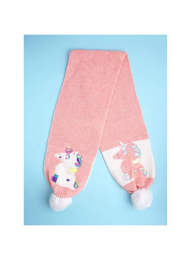 LITTLE SURPRISE BOX 2Pcs Peach Unicorn Themed Beanie Winter Cap With Matching Long Style Neck Muffler For Kids