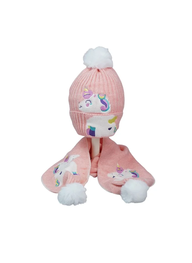 LITTLE SURPRISE BOX 2Pcs Peach Unicorn Themed Beanie Winter Cap With Matching Long Style Neck Muffler For Kids