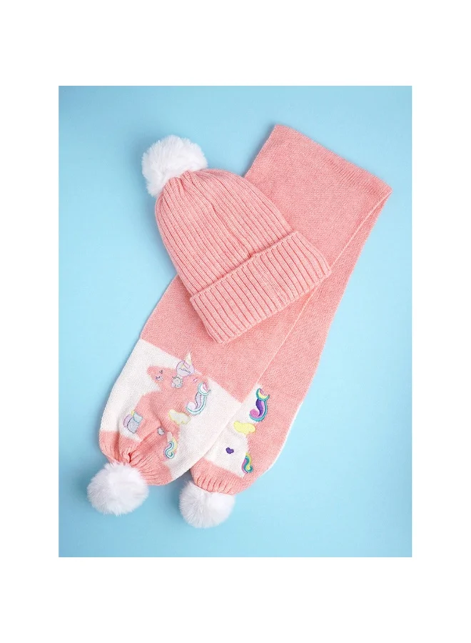 LITTLE SURPRISE BOX 2Pcs Peach Unicorn Themed Beanie Winter Cap With Matching Long Style Neck Muffler For Kids