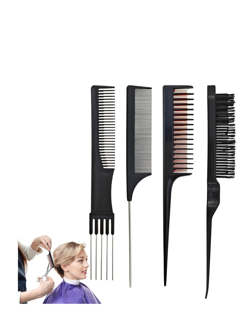 Zikra 4 PACK Pick Teasing Combs Hair Brush Set Carbon Lift Triple Pin Rat Tail Comb, Nylon Bristle Hair Comb Brush for All Hair Types Barber Supplies - Image 1