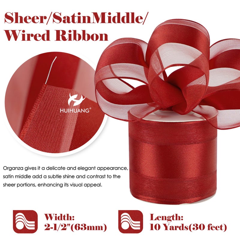 HUIHUANG Red Sheer Wired Ribbon with Satin Stripe 2.5 inch Red Christmas Ribbon for Trees, Bows Making, Wreaths, Garland, Gift Wrapping, Wedding Home Decor-Continous 10 Yards - Image 2