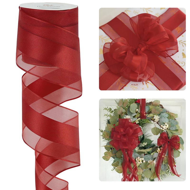 HUIHUANG Red Sheer Wired Ribbon with Satin Stripe 2.5 inch Red Christmas Ribbon for Trees, Bows Making, Wreaths, Garland, Gift Wrapping, Wedding Home Decor-Continous 10 Yards - Image 1