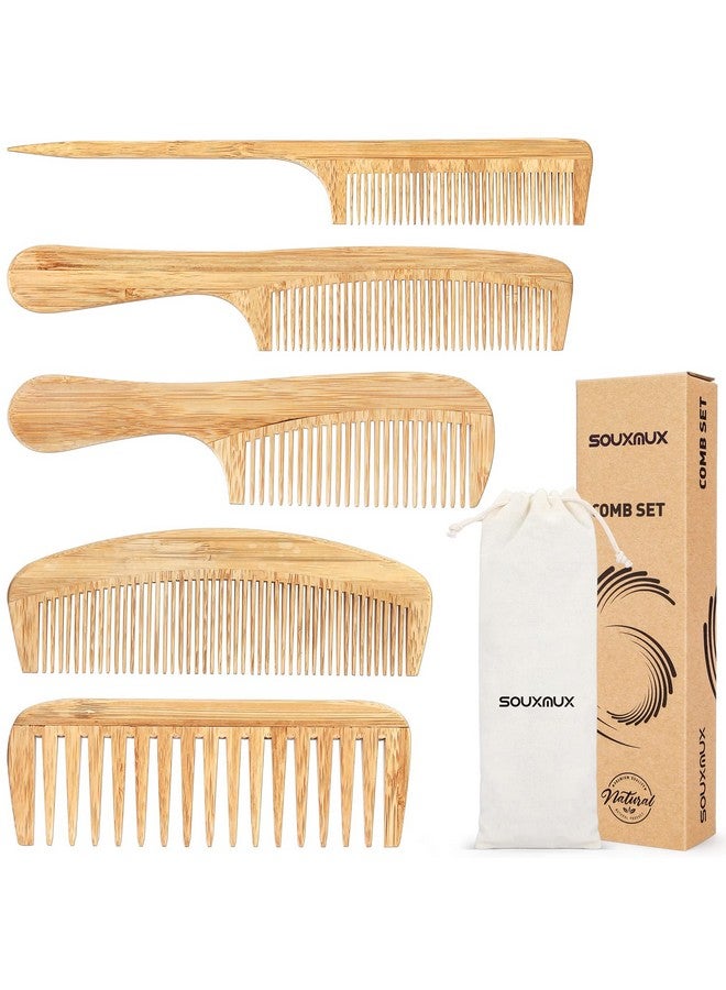 SouxMux 5 Pcs Comb Set For Women Men Natural Handmade Bamboo Antistatic Wide Tooth Comb Rat Tail Combs Fine Tooth Combs Set For Long Short Thick Thin Wavy Curly Hair Hairdetangling Comb… (Natural) - Image 1