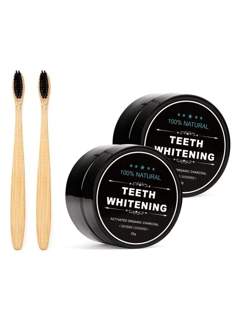 100% NATURAL 2 Pcs Activated Charcoal Teeth Whitening Powder With Organic Brush Black/Beige 30g  - Image 1