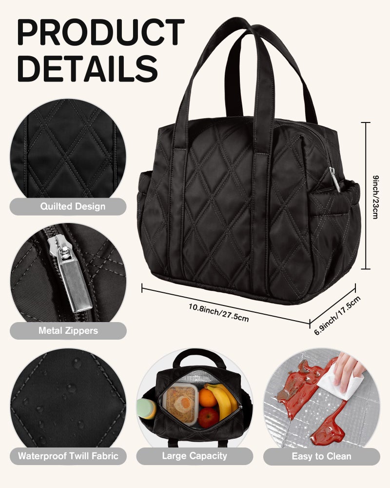 Easozoom Quilted Puffer Lunch Bag for Women, Leakproof Lunch Box for Adult Girls, Large Capacity Reusable Lunch Box for Work School Picnic Travel (Black) - Image 2