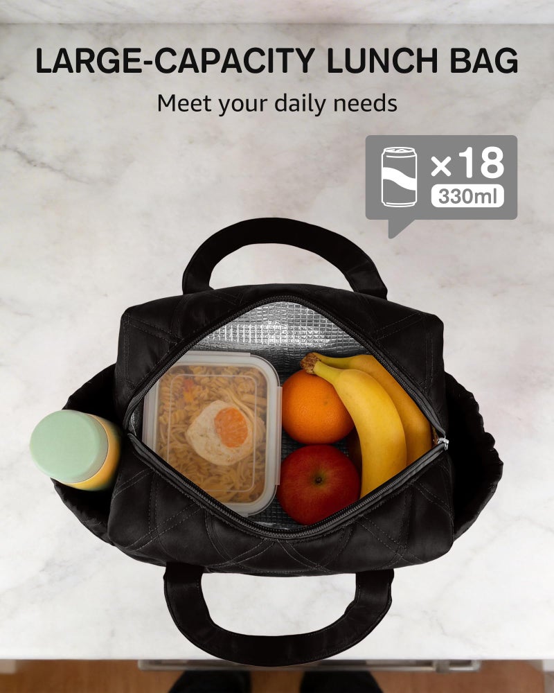 Easozoom Quilted Puffer Lunch Bag for Women, Leakproof Lunch Box for Adult Girls, Large Capacity Reusable Lunch Box for Work School Picnic Travel (Black) - Image 4