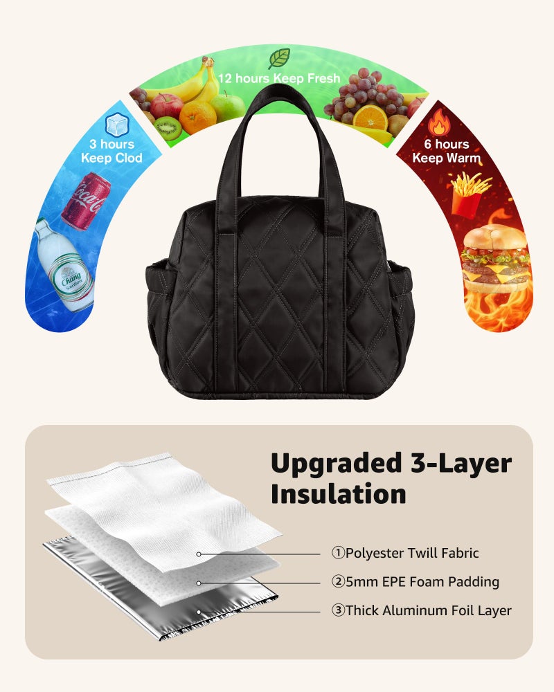 Easozoom Quilted Puffer Lunch Bag for Women, Leakproof Lunch Box for Adult Girls, Large Capacity Reusable Lunch Box for Work School Picnic Travel (Black) - Image 3